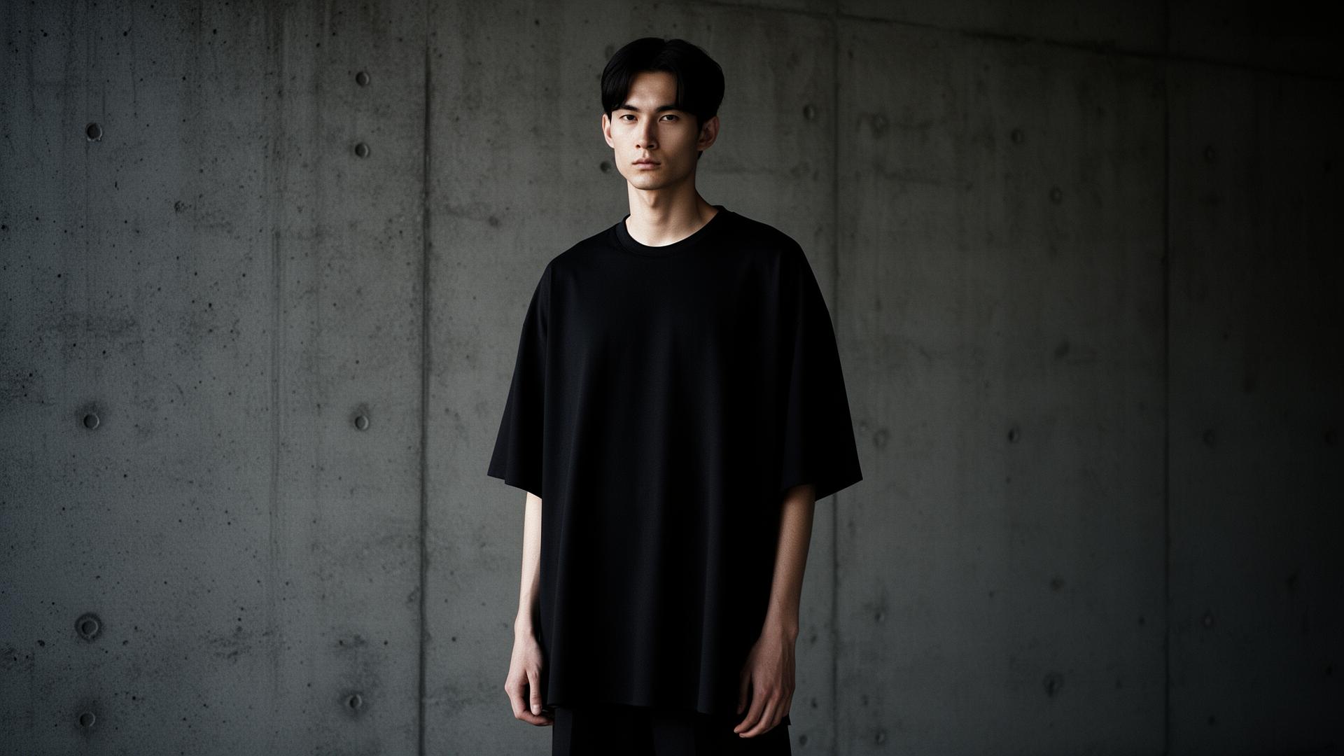 コンクリート壁の前に立つ、黒いオーバーサイズTシャツを着用したモデル